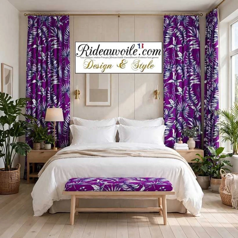 Tissu ameublement imprimé feuilles fleur tropical feuillage violet noir