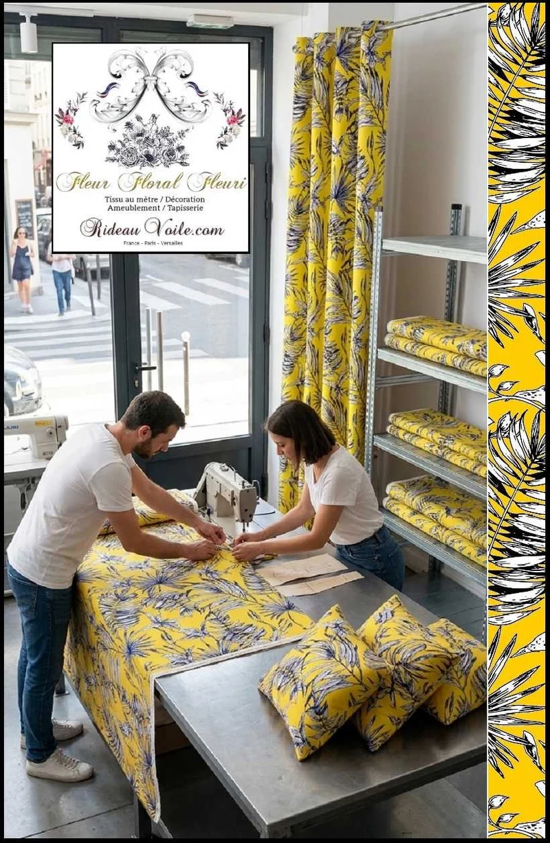 Tissu ameublement imprimé feuilles fleur tropical feuillage jaune noir
