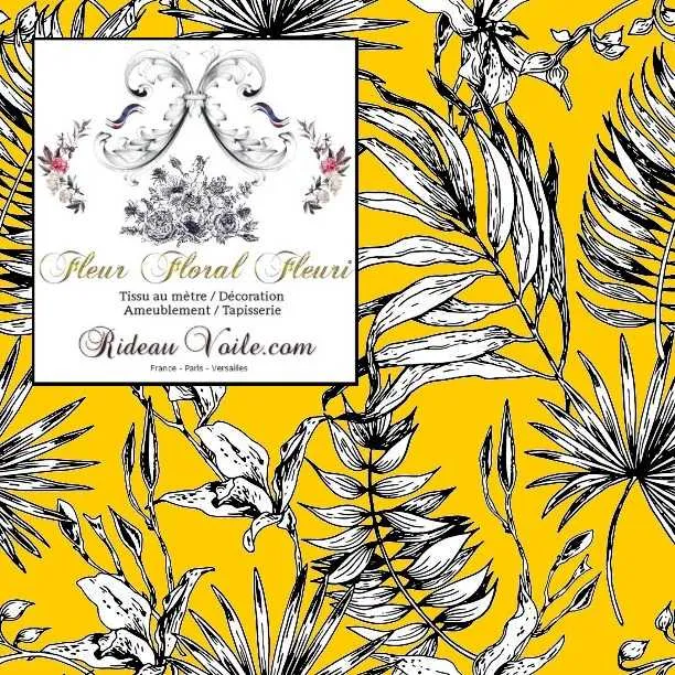 Tissu ameublement imprimé feuilles fleur tropical feuillage jaune noir