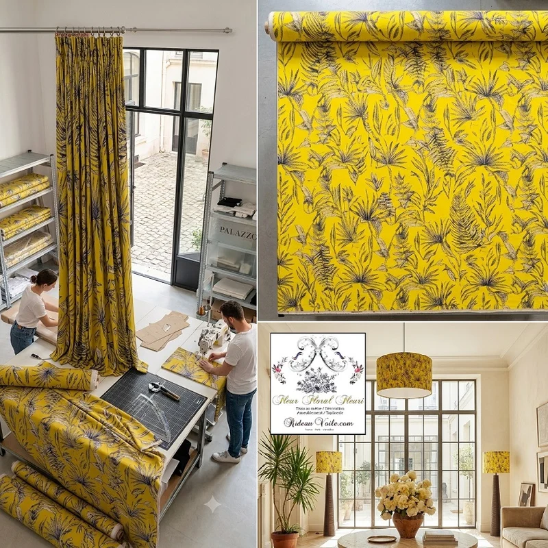 Tissu ameublement imprimé feuilles fleur tropical feuillage jaune noir