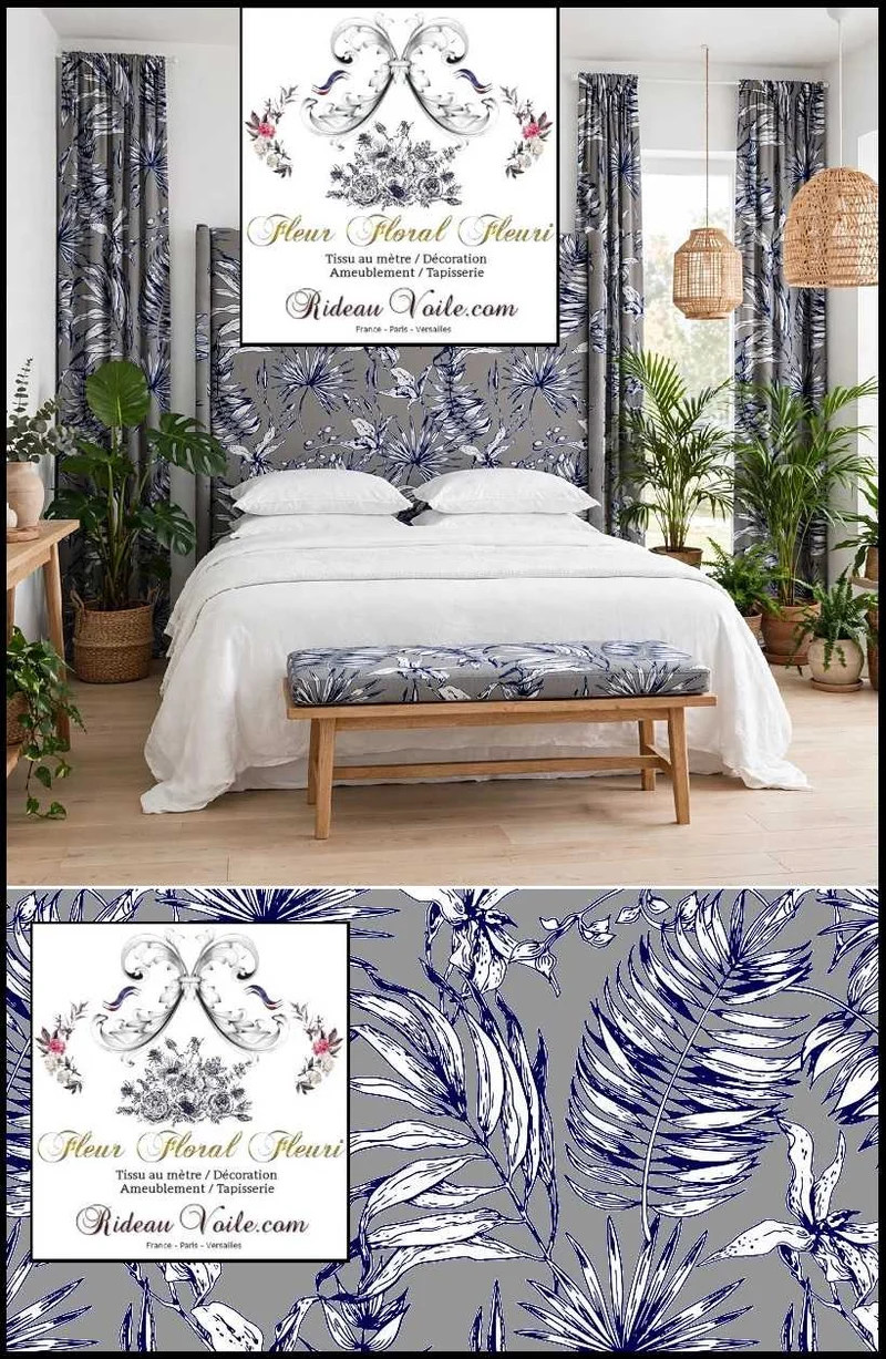 Tissu ameublement imprimé gris feuilles fleuri tropical feuillages bleu
