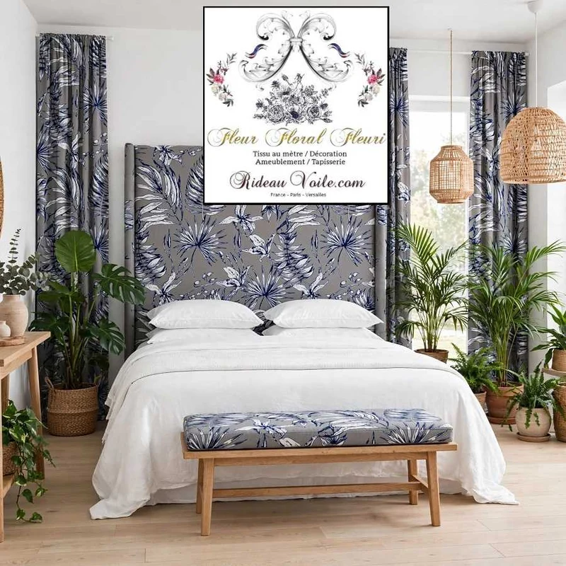 Tissu ameublement imprimé gris feuilles fleuri tropical feuillages bleu