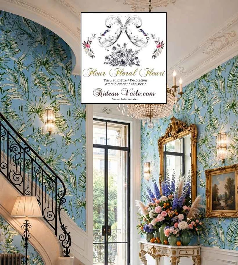 Tissu imprimé feuilles fleurs tropical feuillages bleu vert Jouy