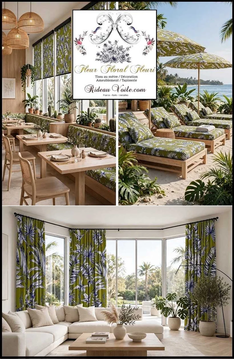 Tissu ameublement imprimé feuilles fleurs tropical feuillages bleu vert