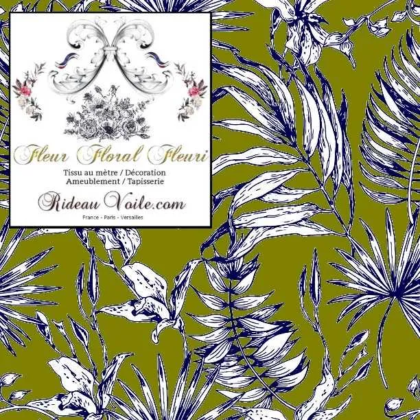 Tissu ameublement imprimé feuilles fleurs tropical feuillages bleu vert