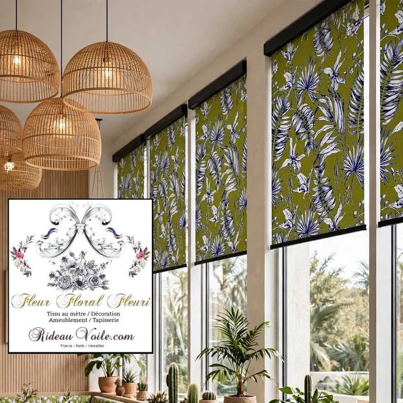 Tissu ameublement imprimé feuilles fleurs tropical feuillages bleu vert