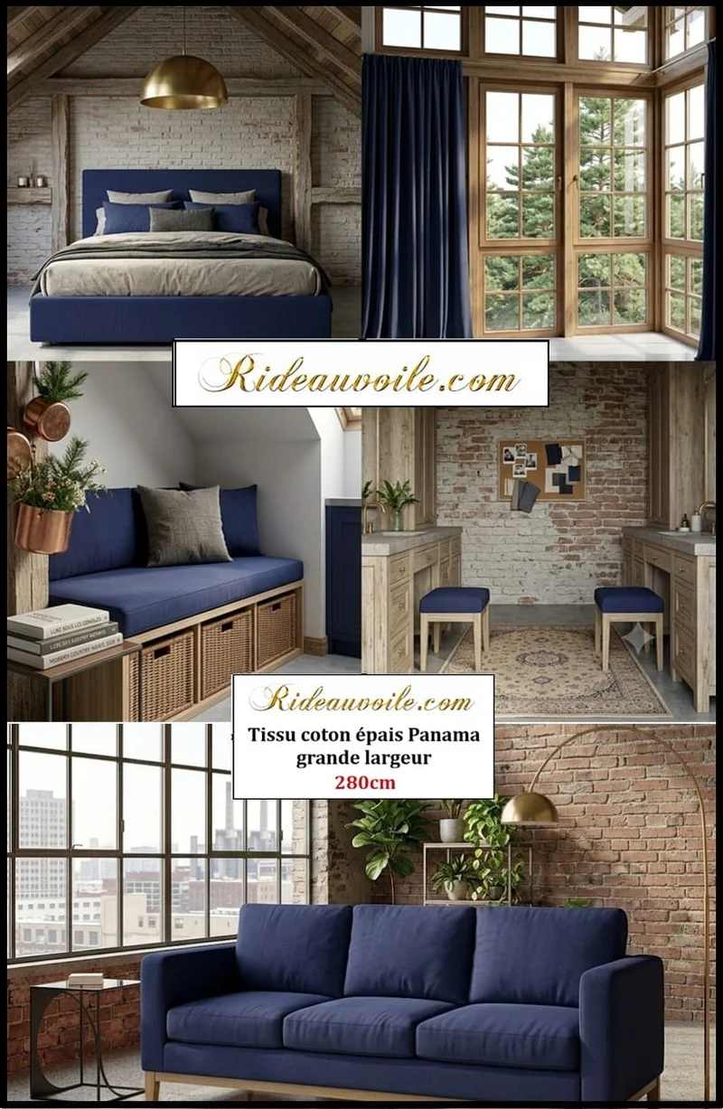 𝐓𝐢𝐬𝐬𝐮 𝐚𝐦𝐞𝐮𝐛𝐥𝐞𝐦𝐞𝐧𝐭 𝐏𝐚𝐧𝐚𝐦𝐚 𝐞𝐱𝐭𝐫𝐚 𝐥𝐚𝐫𝐠𝐞 𝟏𝟎𝟎 % 𝐜𝐨𝐭𝐨𝐧 𝟐𝟖𝟎 𝐜𝐦 mètre rideau | Bleu Marine