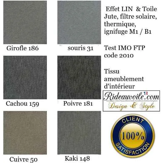 Tissu FF&E Intérieur M1 B1 effet LIN & Toile Jute, filtre solaire, thermique, ignifuge mètre