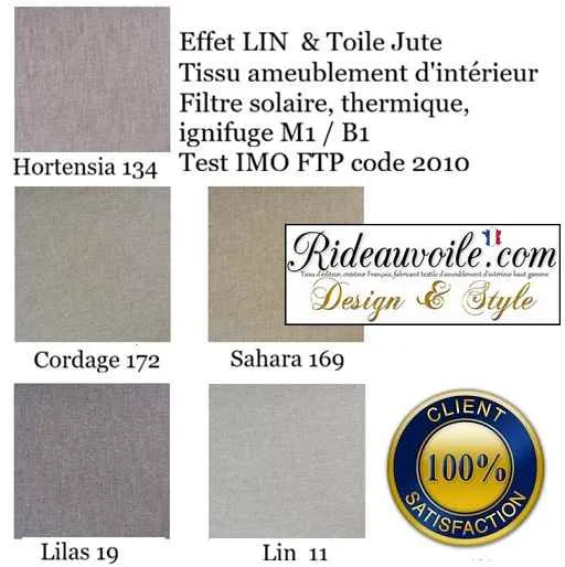 Tissu FF&E Intérieur M1 B1 effet LIN & Toile Jute, filtre solaire, thermique, ignifuge mètre
