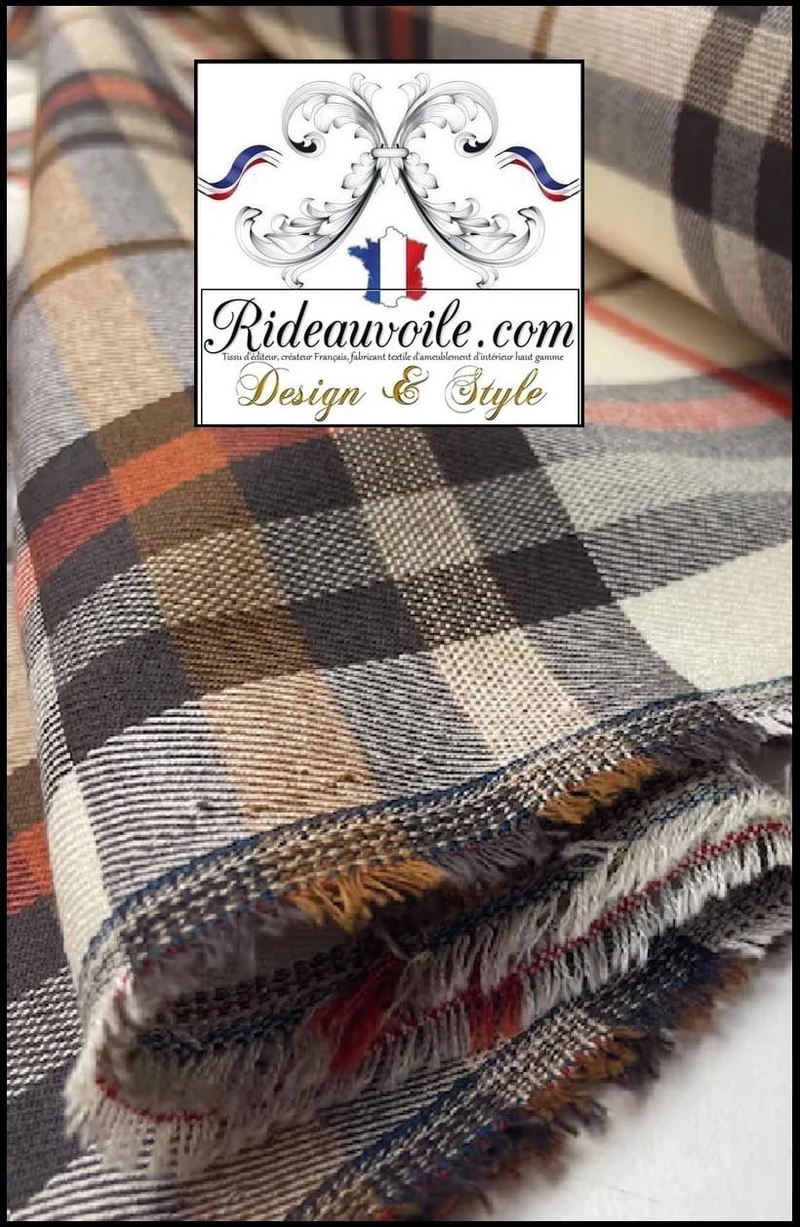 Tissu carreaux Tartan beige orange architecte rénovation travaux confection rideau intérieur