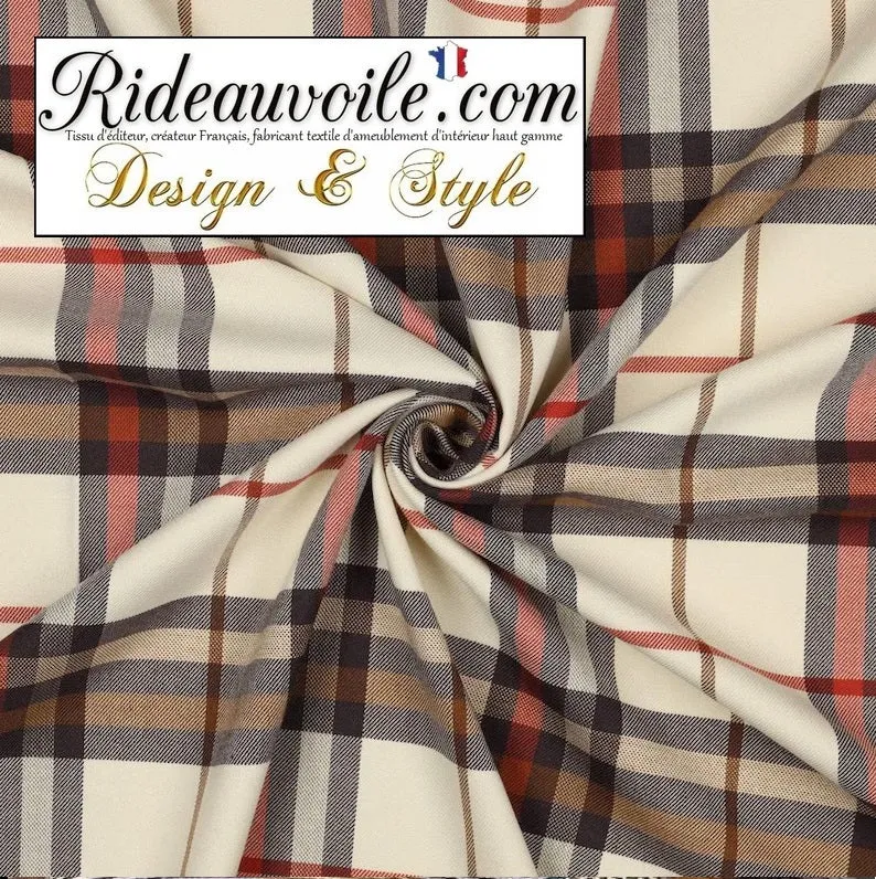 Tissu carreaux Tartan beige orange architecte rénovation travaux confection rideau intérieur