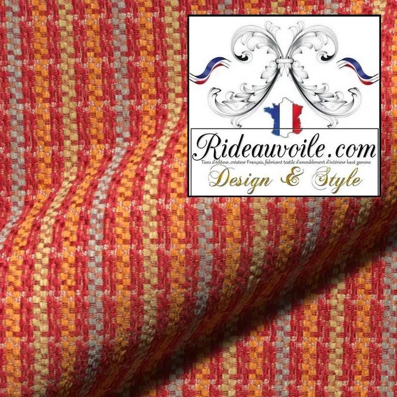 Tissu d'ameublement à rayures lignes velours rouge chenille style campagne