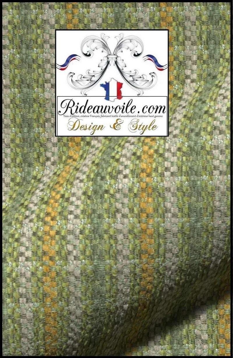 Tissu d'ameublement intérieur à rayures lignes vert velours chenille style campagne