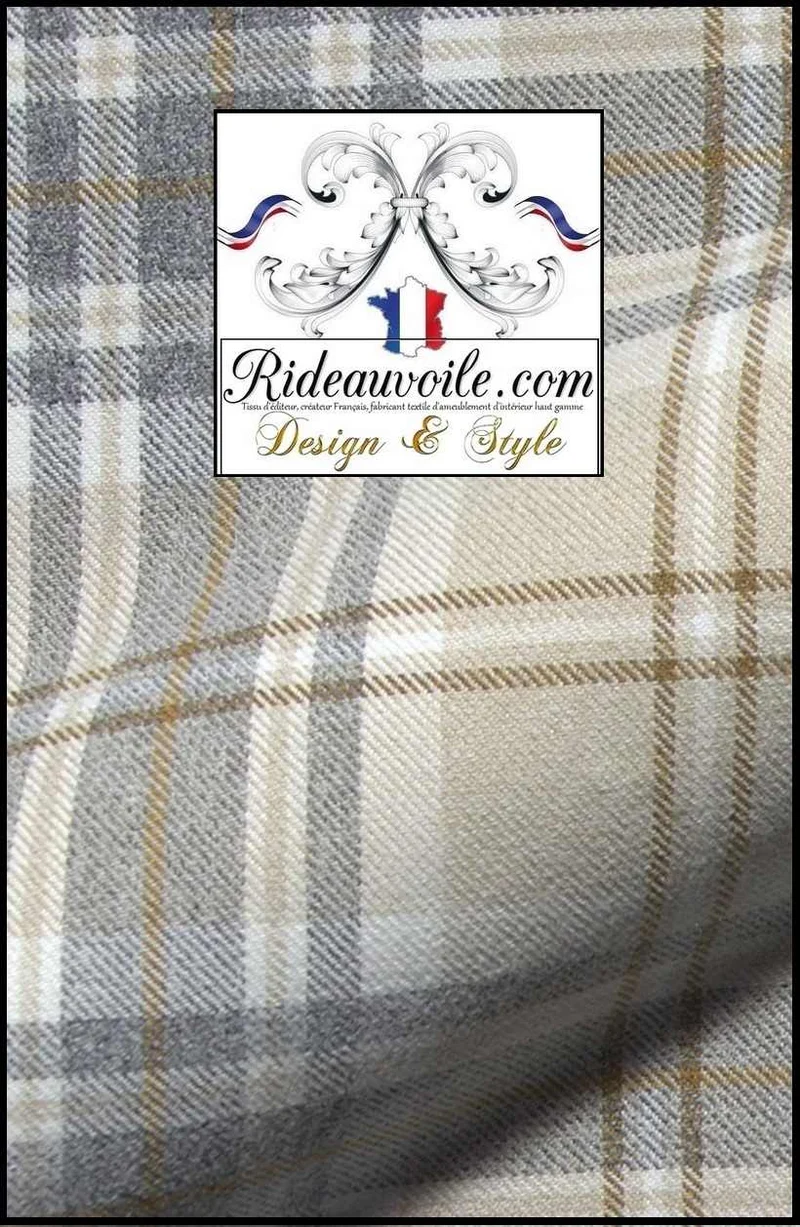Tissu ameublement 🔥 intérieur motif à carreaux Tartan beige effet Laine mètre Ignifuge