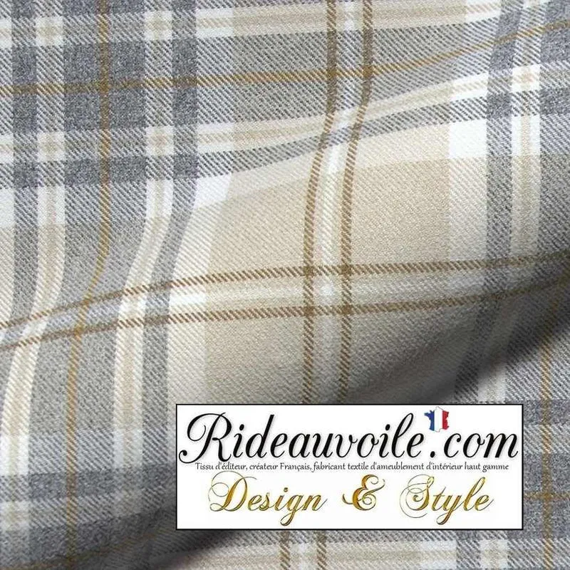 Tissu ameublement 🔥 intérieur motif à carreaux Tartan beige effet Laine mètre Ignifuge