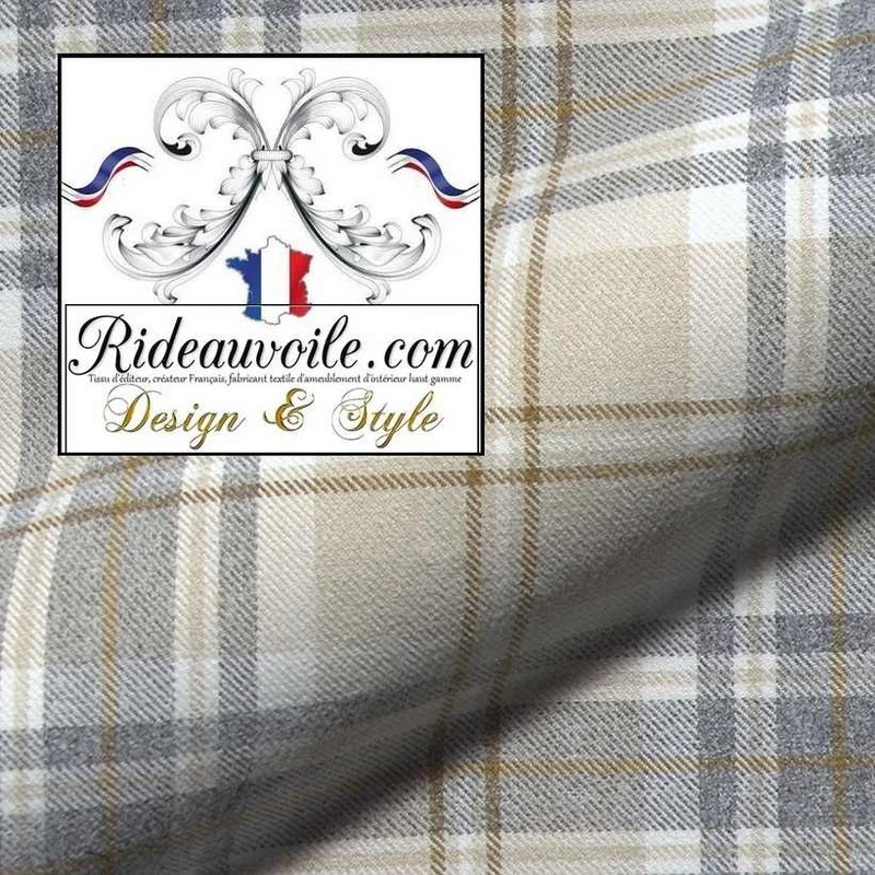 Tissu ameublement 🔥 intérieur motif à carreaux Tartan beige effet Laine mètre Ignifuge