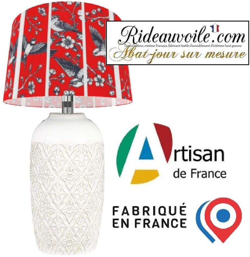 Abat-jour rond imprimé oiseaux fleurs sur mesure artisanat français Suspension luminaire
