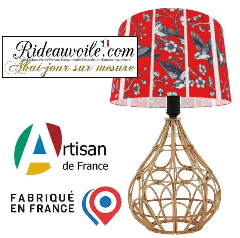 Abat-jour rond imprimé oiseaux fleurs sur mesure artisanat français Suspension luminaire