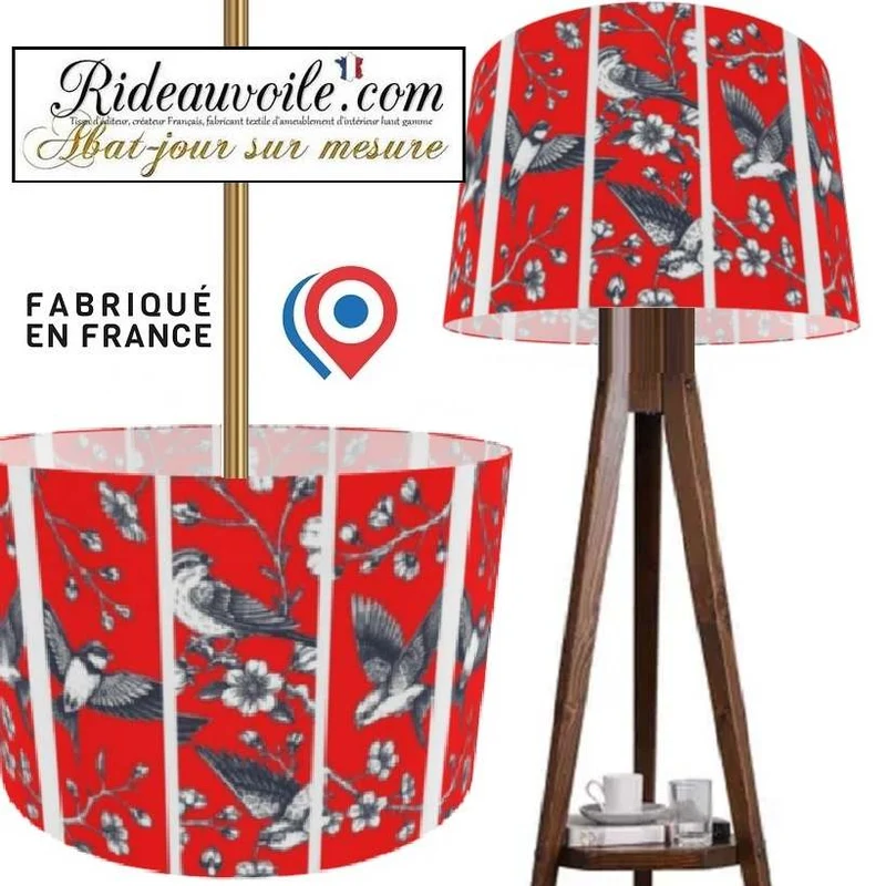 Abat-jour rond imprimé oiseaux fleurs sur mesure artisanat français Suspension luminaire