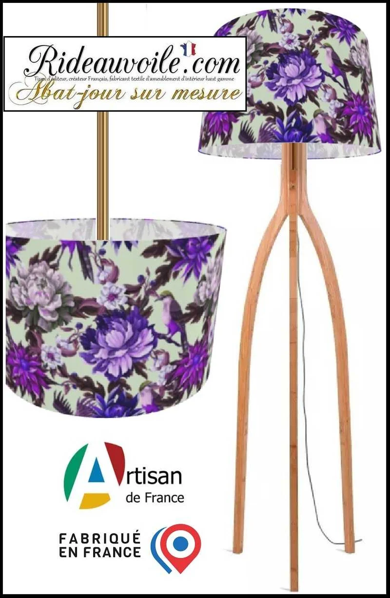 Création d'abat-jour Haute-Couture - Abat-Jouriste d'Art tissu motif oiseaux Fleurs