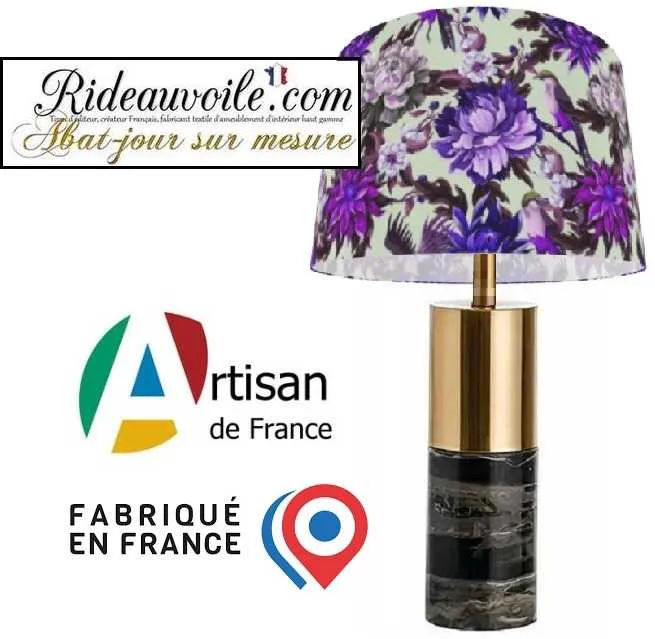 Création d'abat-jour Haute-Couture - Abat-Jouriste d'Art tissu motif oiseaux Fleurs