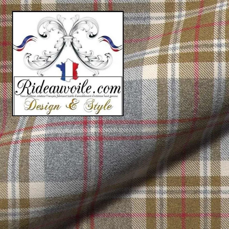 Tissu ameublement 🔥 motif à carreaux gris vert Tartan design Laine mètre Ignifuge