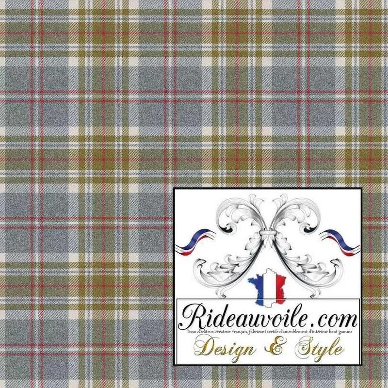 Tissu ameublement 🔥 motif à carreaux gris vert Tartan design Laine mètre Ignifuge