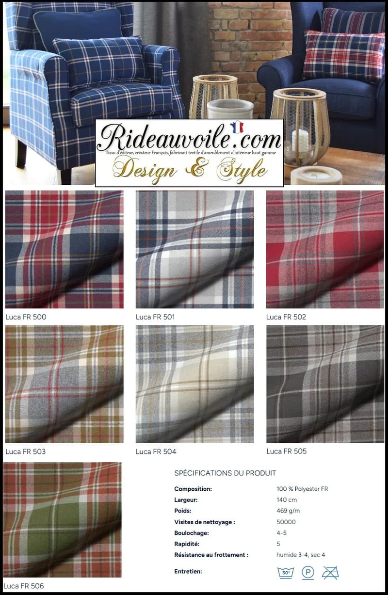 Tissu 🔥 ignifuge motif carreaux Tartan style Laine ameublement au mètre rideau