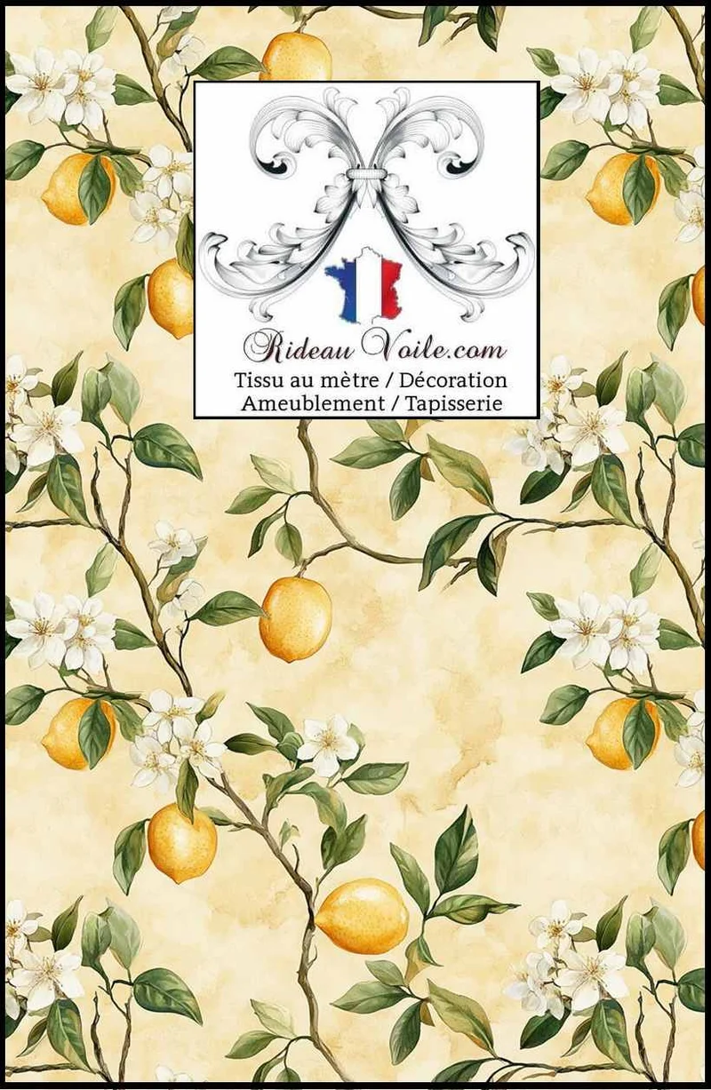 Tissu d'ameublement mètre & papier peint motif agrume imprimé fruit citron citrus