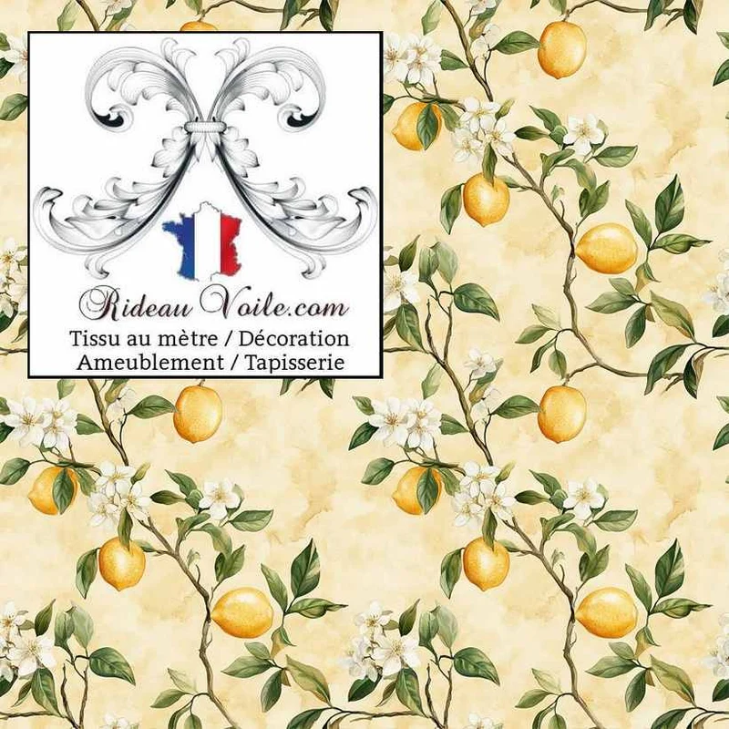 Tissu d'ameublement mètre & papier peint motif agrume imprimé fruit citron citrus