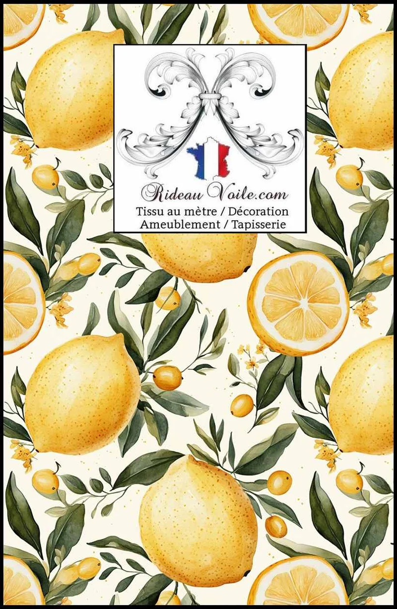 Tissu décoratif au mètre / papier peint motif agrume imprimé citron citrus rideau voilage