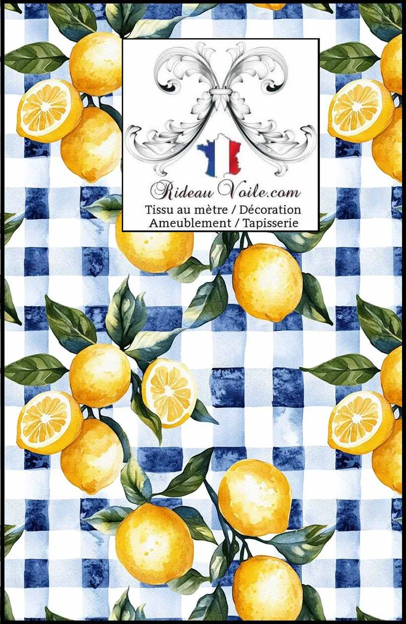Tissu au mètre papier peint motif agrume imprimé citron citrus rideau voilage velours bleu