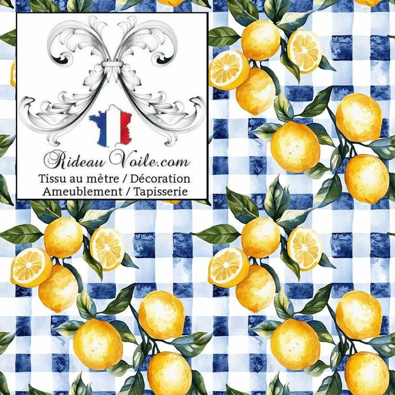 Tissu au mètre papier peint motif agrume imprimé citron citrus rideau voilage velours bleu