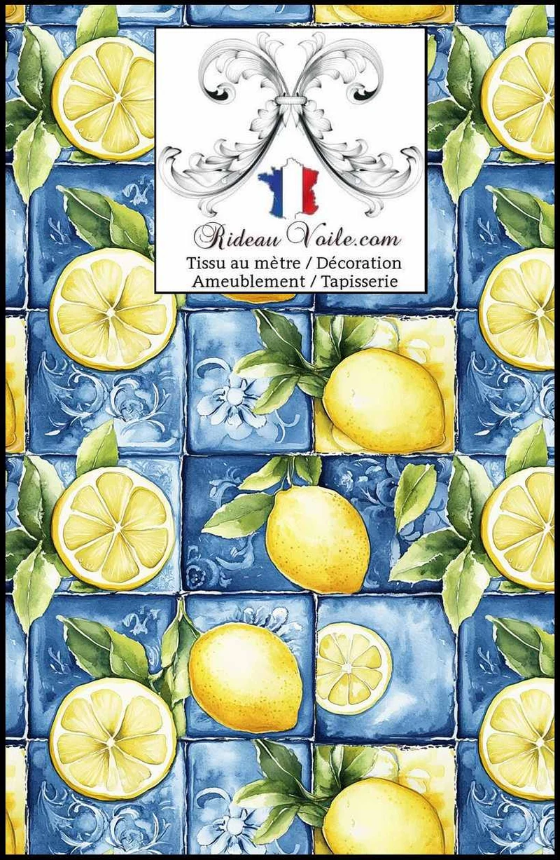 Imprimé motif agrume citron botanique citrus tissu bleu ameublement mètre rideau voilage