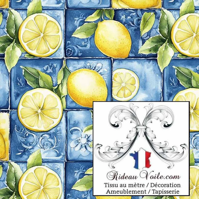 Imprimé motif agrume citron botanique citrus tissu bleu ameublement mètre rideau voilage