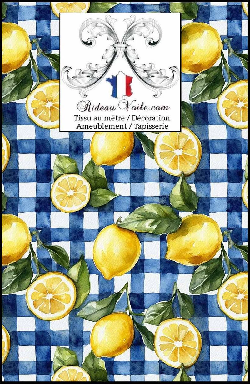 Imprimé vichy carreaux bleu motif agrume citron botanique citrus tissu ameublement mètre