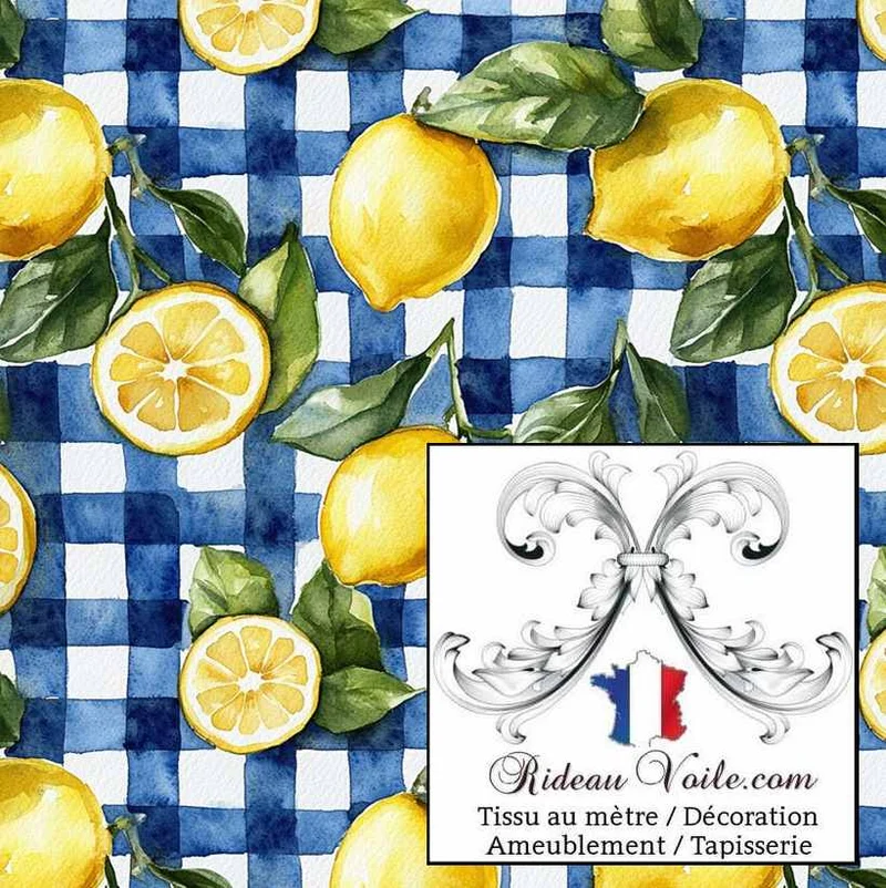 Imprimé vichy carreaux bleu motif agrume citron botanique citrus tissu ameublement mètre