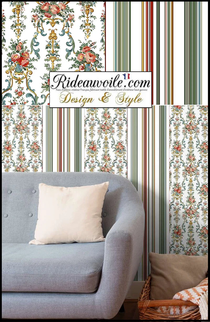 Tissu M1 ameublement Rococo fleuri ornement floral mètre rideau voilage IGNIFUGE