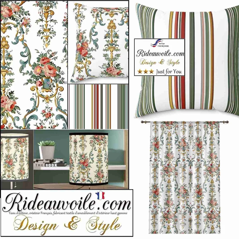 Tissu M1 ameublement Rococo fleuri ornement floral mètre rideau voilage IGNIFUGE