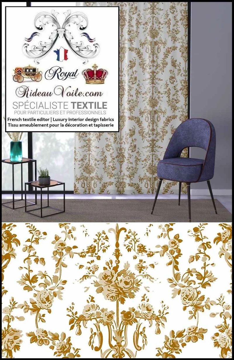 Tissu vintage Baroque mètre style Rococo imprimé florale ameublement ocre RIDEAU