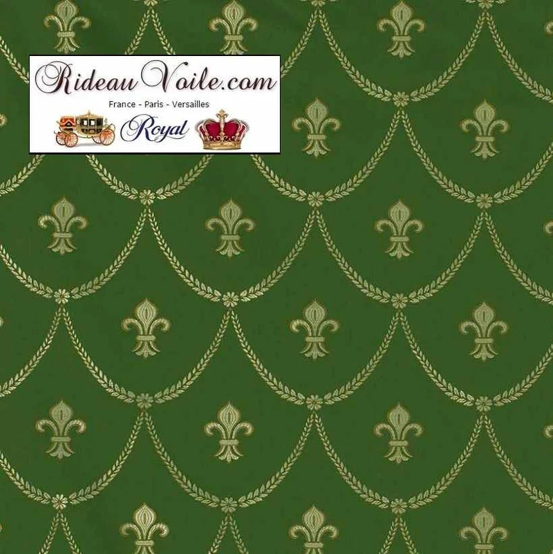 Tissu d'ameublement Jacquard vert Or style Empire motif Fleur de Lys au mètre