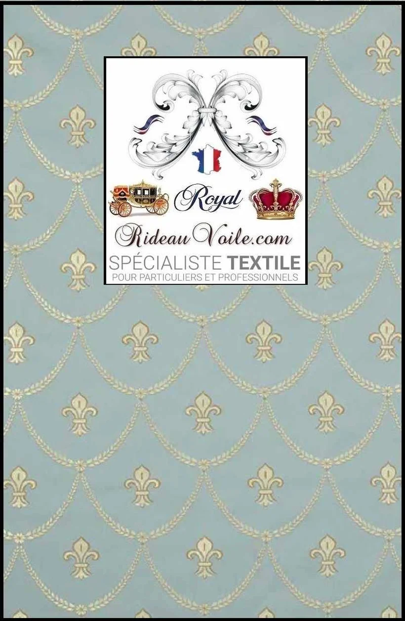 Tissu d'ameublement Jacquard Bleu Or style Empire motif Fleur de Lys au mètre