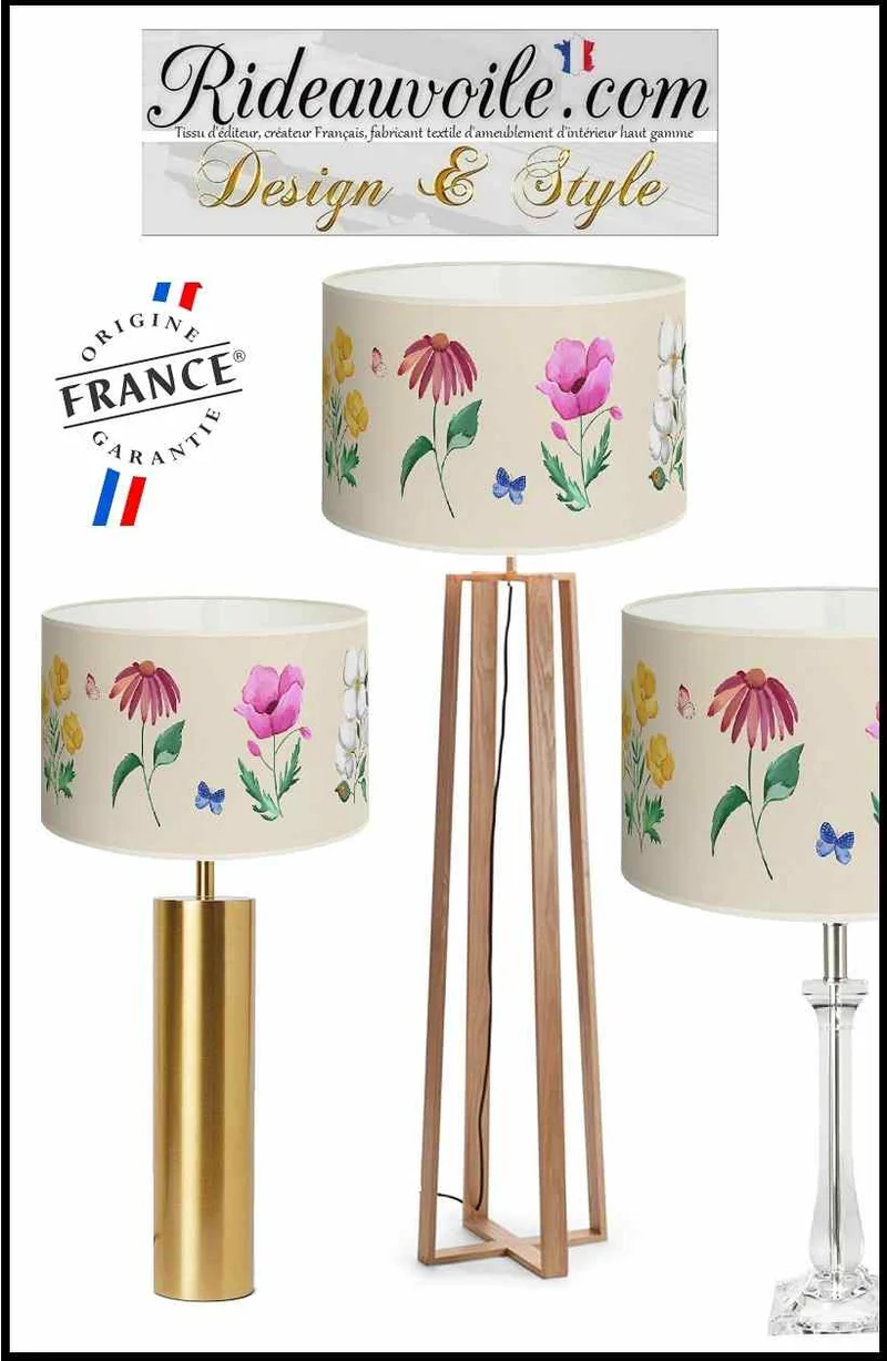 Luminaire à poser Abat-jour papier BEIGE imprimé fleurs papillon décoration d'intérieur
