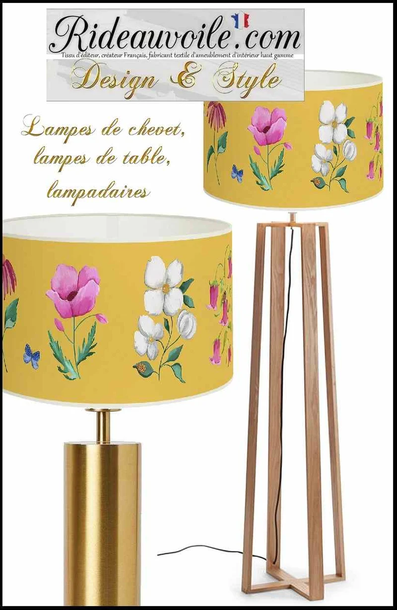 Luminaire à poser Abat-jour papier jaune imprimé fleurs papillons décoration intérieur