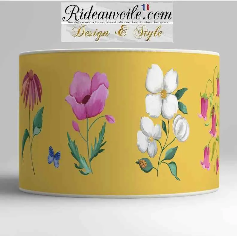 Luminaire à poser Abat-jour papier jaune imprimé fleurs papillons décoration intérieur