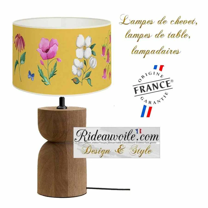 Luminaire à poser Abat-jour papier jaune imprimé fleurs papillons décoration intérieur