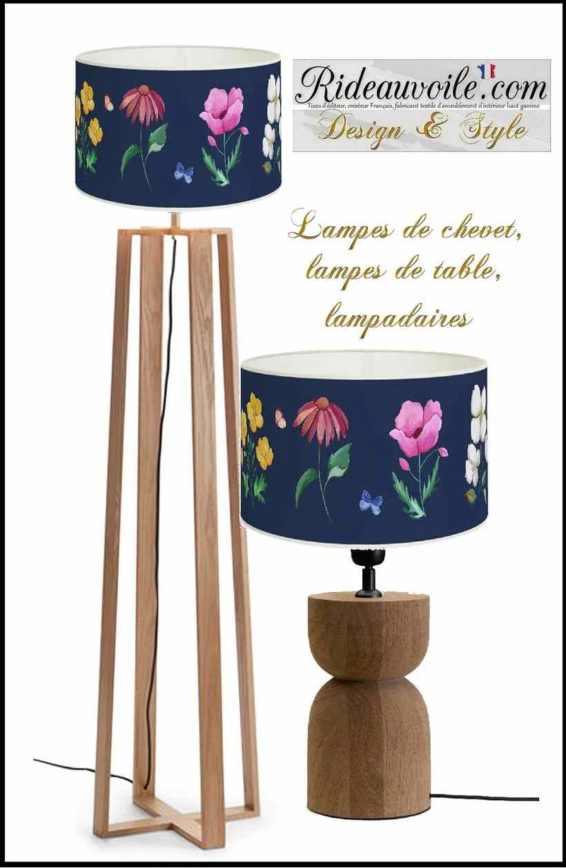 Luminaire à poser Abat-jour papier bleu marine imprimé fleuri décoration papillons