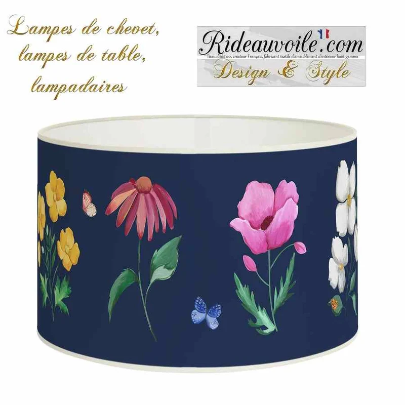 Luminaire à poser Abat-jour papier bleu marine imprimé fleuri décoration papillons