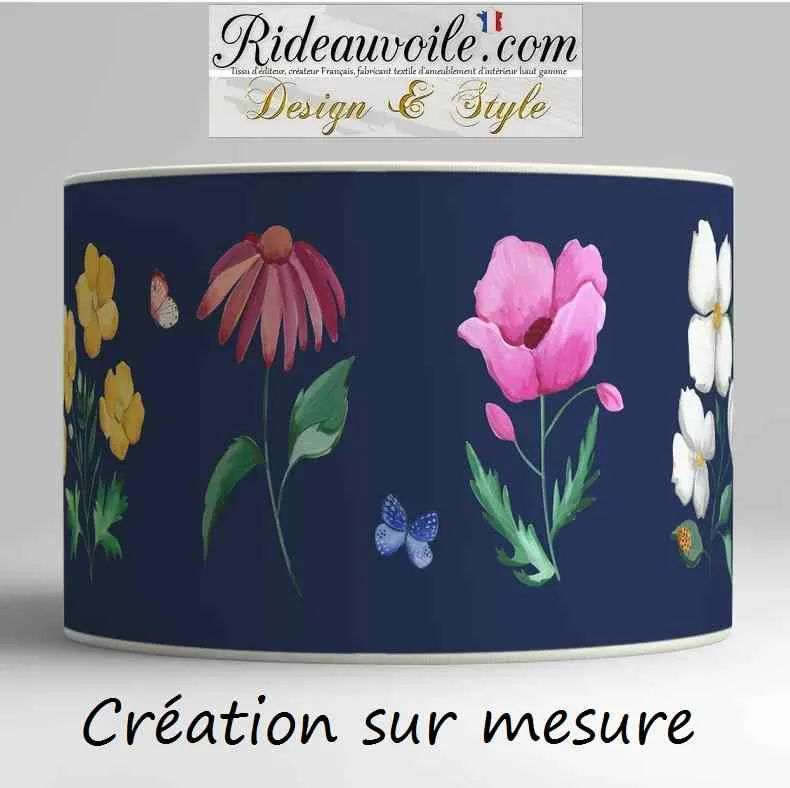 Luminaire à poser Abat-jour papier bleu marine imprimé fleuri décoration papillons