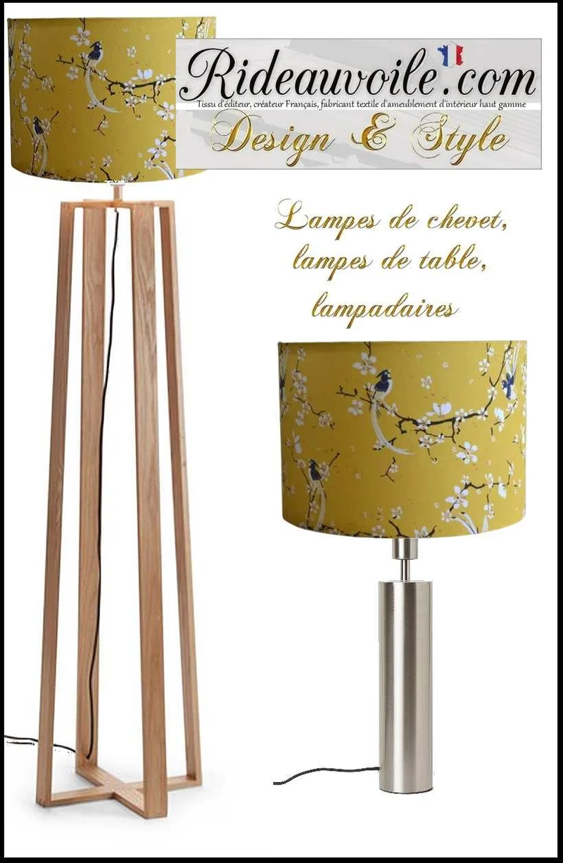 Luminaire déco intérieur sur mesure Abat-jour tissu coton fleur de cerisier jaune et oiseau